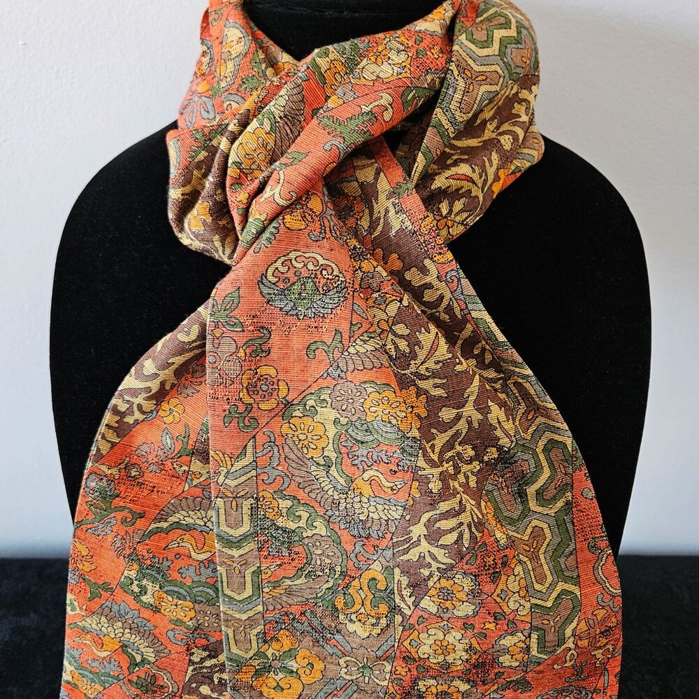 Japanese Kimono Scarf S3773 - Orange and Gold Sarasa Pattern Wool
